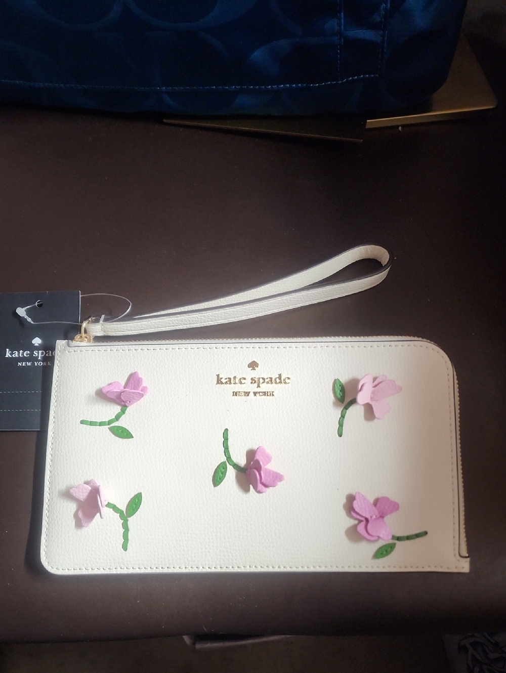 Kate Spade Medium L Zip cream Leather wristlet with pink floral appliqués Nwt